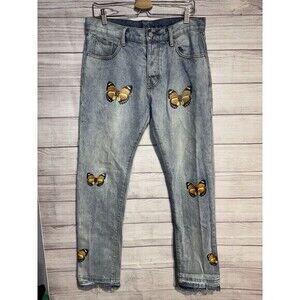 MNML Jeans Adult 33 Blue Butterfly Denim Button Fly Preppy Straight Leg Mens